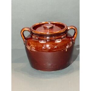 Vintage  6” Brown Glazed Stoneware Lidded Bean Pot - USA